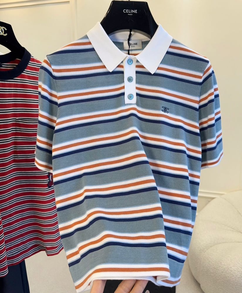 قميص بولو "سيلين" المحبوك بنقشة مقلمة (CELINE Striped Knit Polo Shirt)