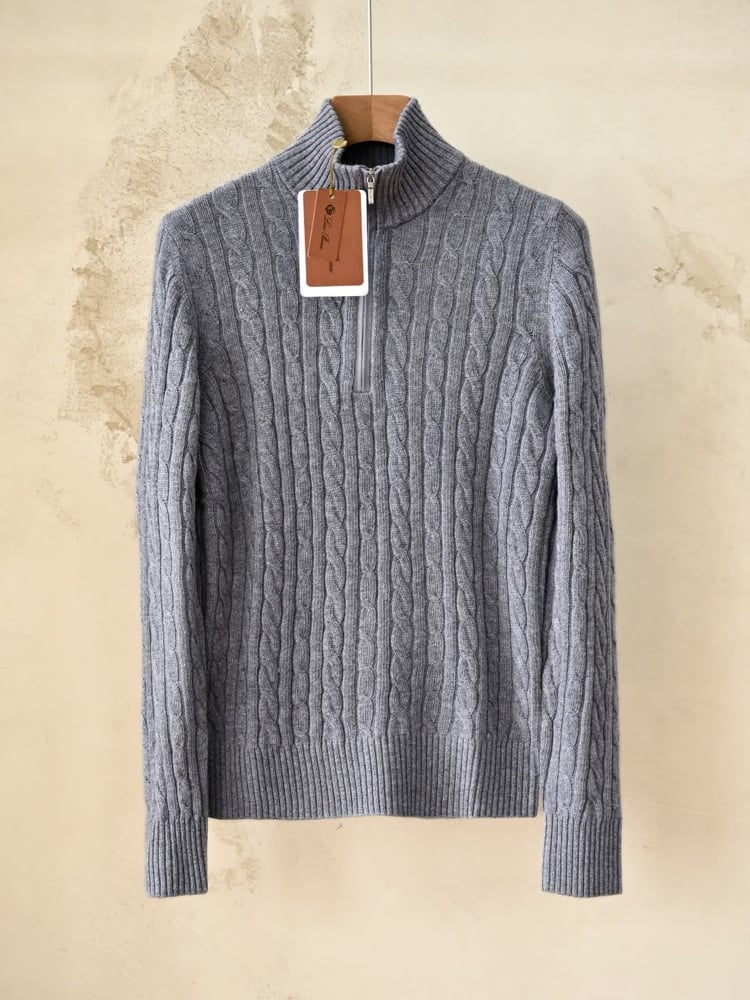سترة لورو بيانا الرجالية الفاخرة المحبوكة بسحاب (Loro Piana Cable-Knit Zip Cardigan / Sweater)