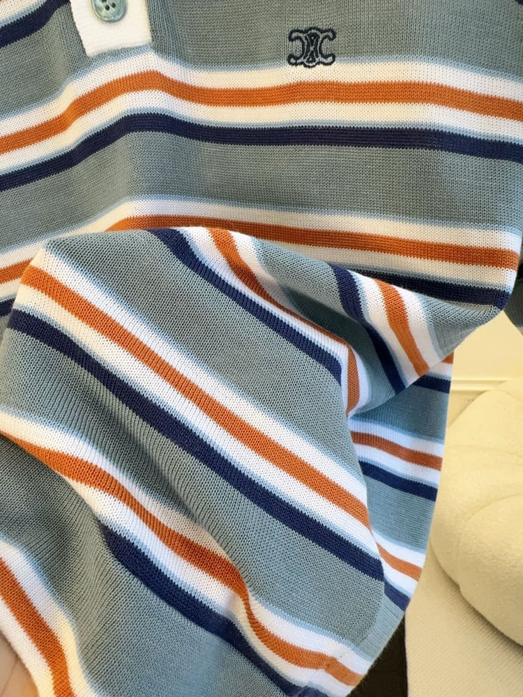 قميص بولو "سيلين" المحبوك بنقشة مقلمة (CELINE Striped Knit Polo Shirt)