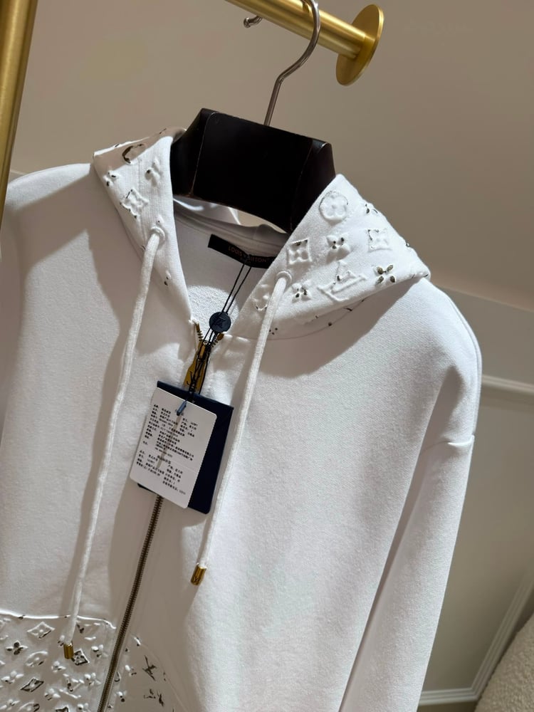 هودي "لويس فيتون" (Louis Vuitton) الرجالي الأبيض بسحاب وتطريز Monogram النافر