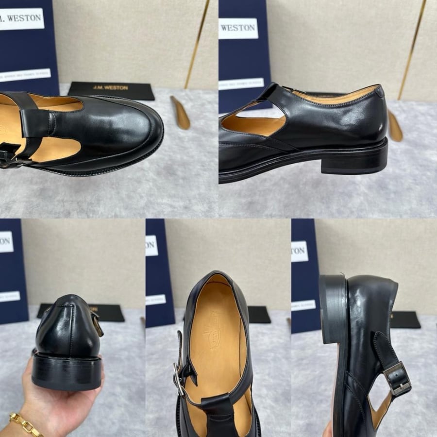 حذاء جزمة كلاسيكي فاخر بتصميم حزام T-Strap من جي إم ويستون (J.M. Weston) من الجلد الطبيعي باللون الأسود الملكي.