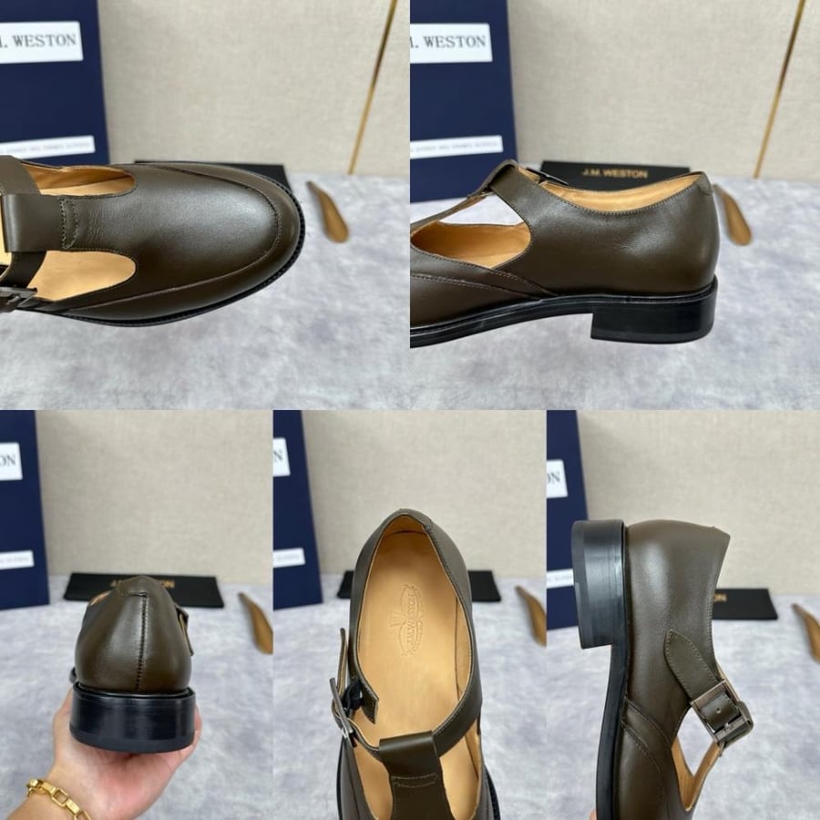 حذاء جزمة كلاسيكي فاخر بتتصميم حزام T-Strap من جي إم ويستون (J.M. Weston) من الجلد الطبيعي باللون الزيتي الفخم (الزيتوني).