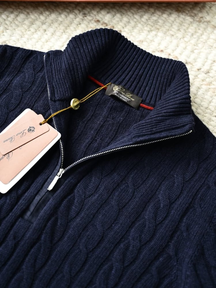سترة لورو بيانا الرجالية الفاخرة المحبوكة بسحاب (Loro Piana Cable-Knit Zip Cardigan / Sweater)