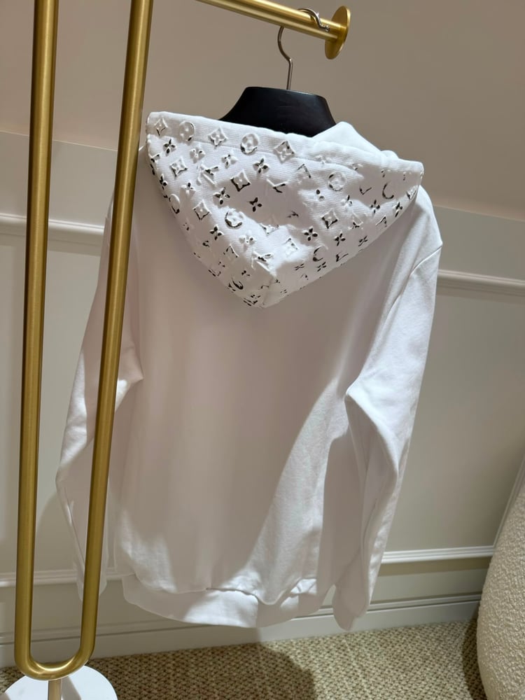 هودي "لويس فيتون" (Louis Vuitton) الرجالي الأبيض بسحاب وتطريز Monogram النافر