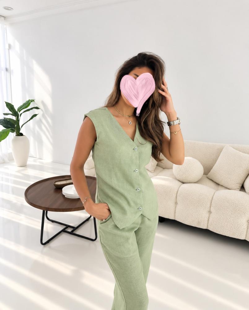 Sage Green Linen Vest Set