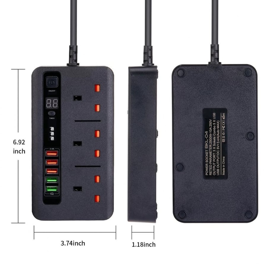 توصيلة كهربائية ذكية 3 متر بمؤقت تشغيل و5 منافذ USB تدعم الشحن السريع لون أسود