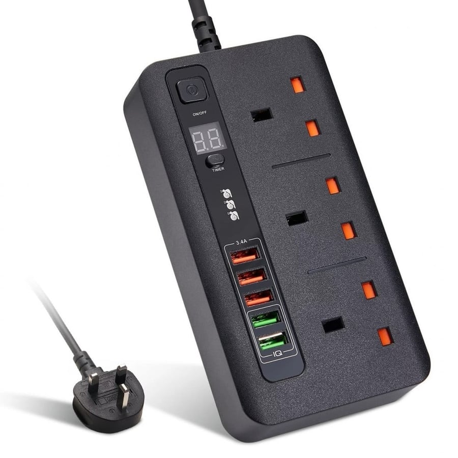 توصيلة كهربائية ذكية 3 متر بمؤقت تشغيل و5 منافذ USB تدعم الشحن السريع لون أسود