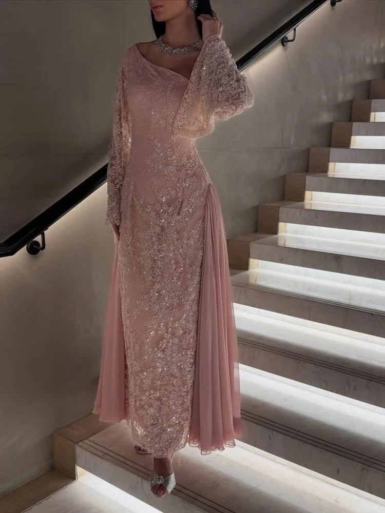 Evening dress with balloon sleeve, beaded embroidery