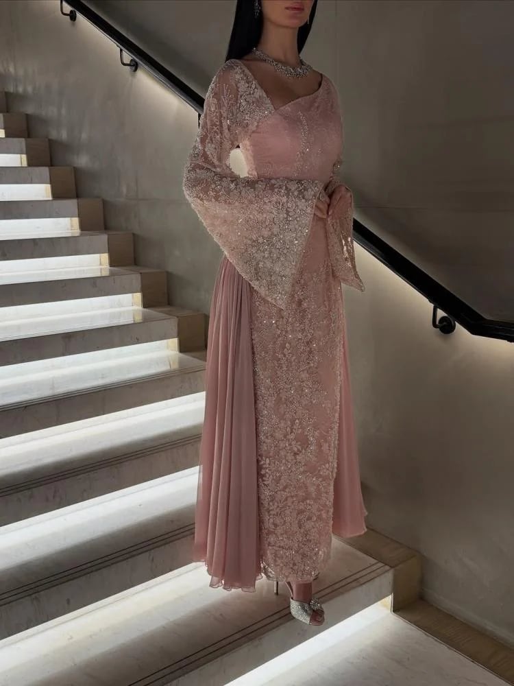 Evening dress with balloon sleeve, beaded embroidery