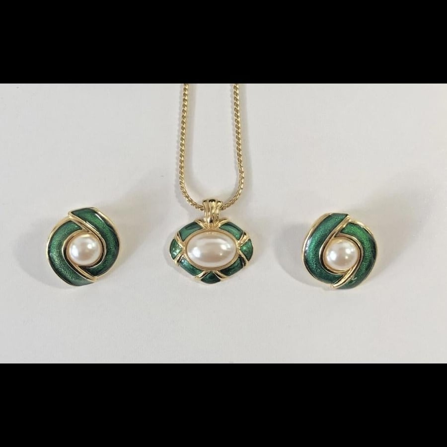 Monet Vintage Pearl Set with Green Enamel Touches