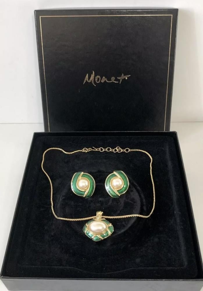 Monet Vintage Pearl Set with Green Enamel Touches
