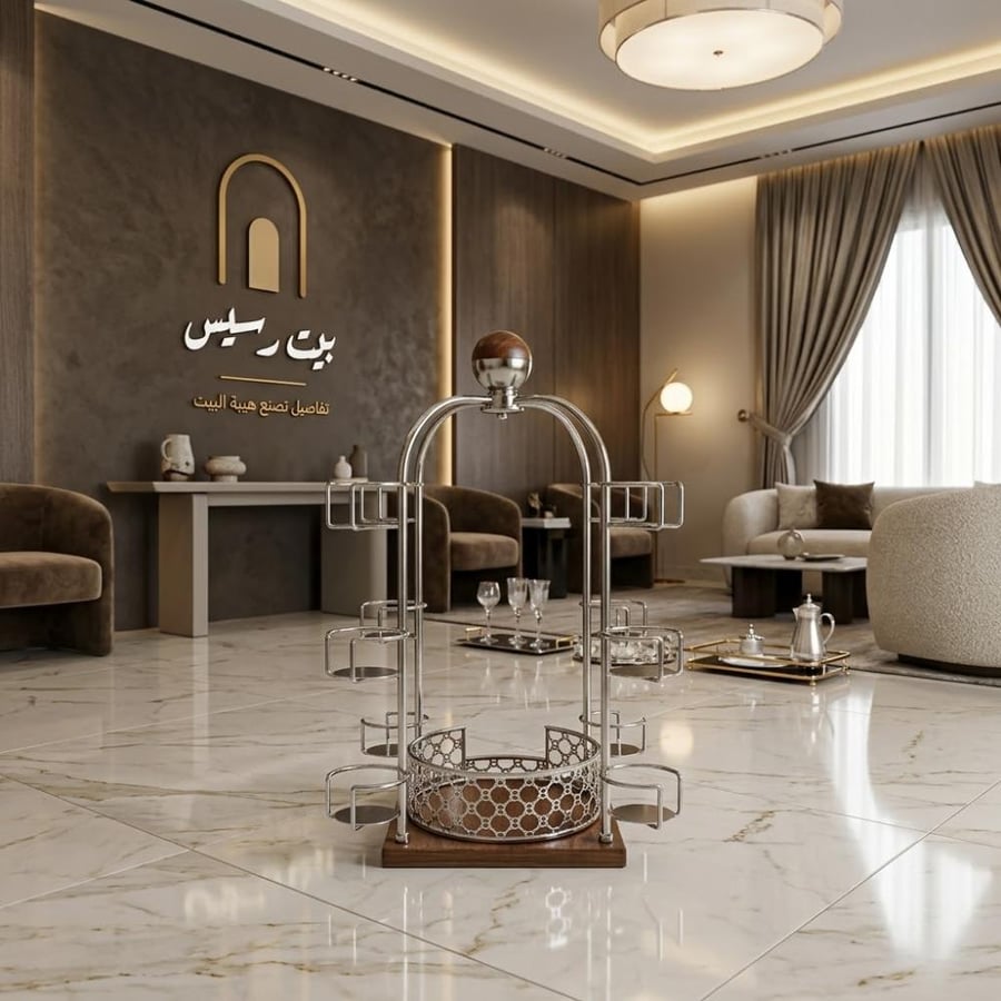 حامل فناجيل مع حامل ترمس ستيل مسكة خشبية فاخر (12 خانة