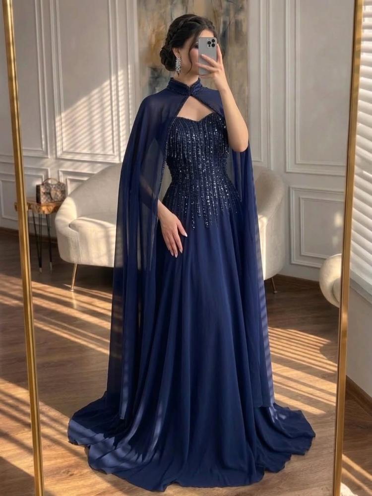 Luxury evening and party dress with shiny embroidery on the upper part