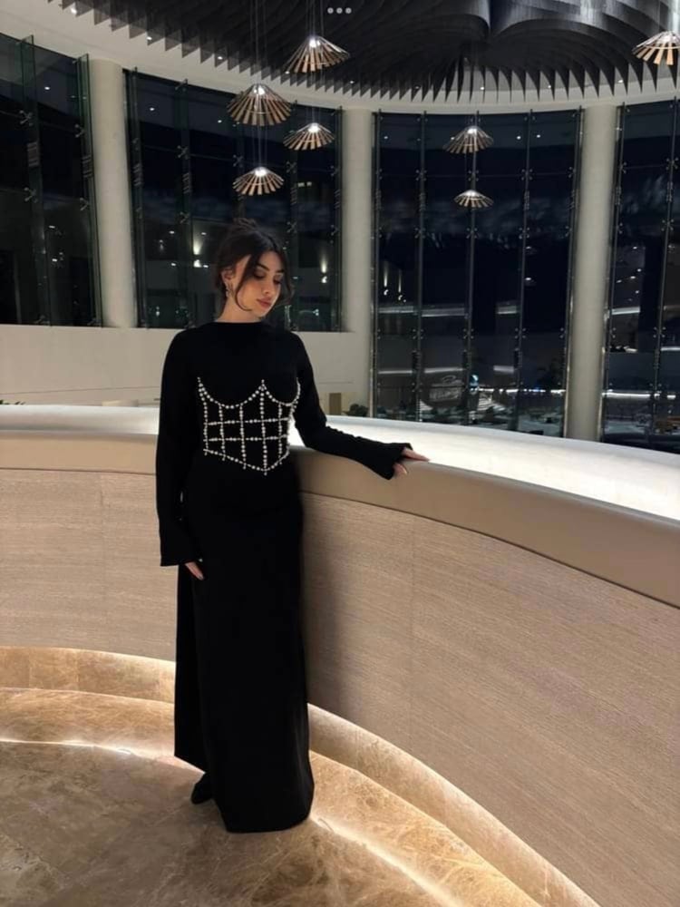 Classic black dress decorated with corset and crystal hand made