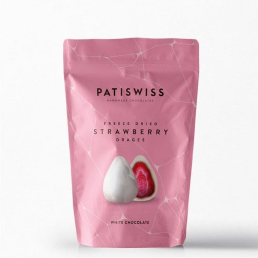 Dried strawberry pieces coated with white chocolate from Baty Swiss