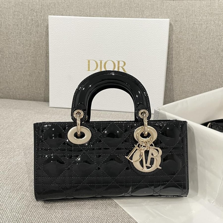 Small Lady D-Joy Bag Black Patent Cannage Calfskin