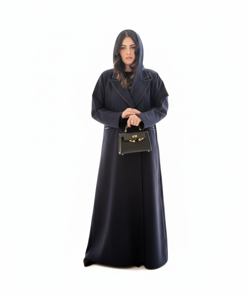 Abaya Riza, crepe navy blue, blazer navy blue, padded, satin edge, with a headscarf in the same color.