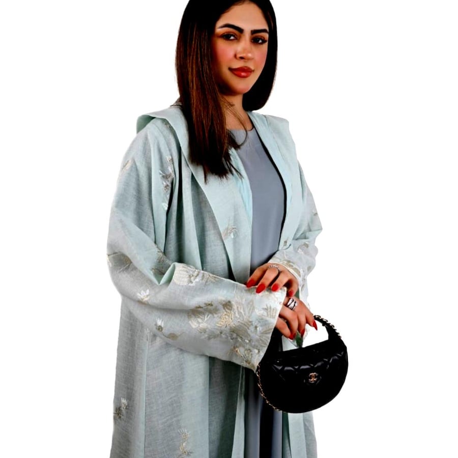 Mouj abaya, turquoise color, Tiffany, embroidered, flared story, with a matching headscarf in the same color