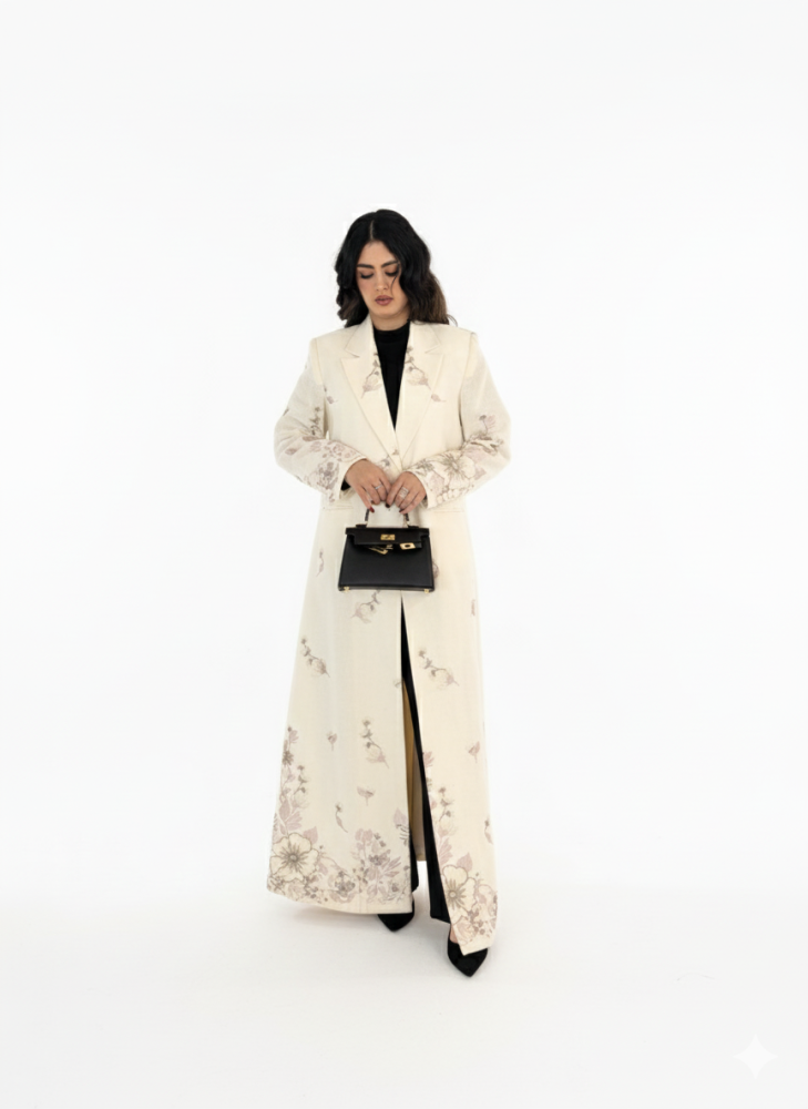 Thara'a abaya, blazer with lining, embroidered linen, with a headscarf.