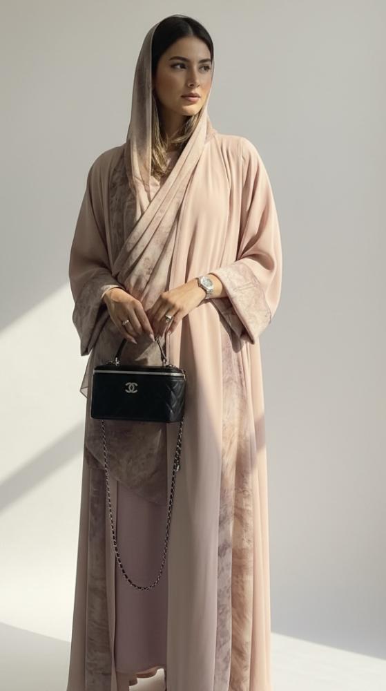 Pink abaya, crepe blended with chiffon from the back and front, with chiffon headscarf