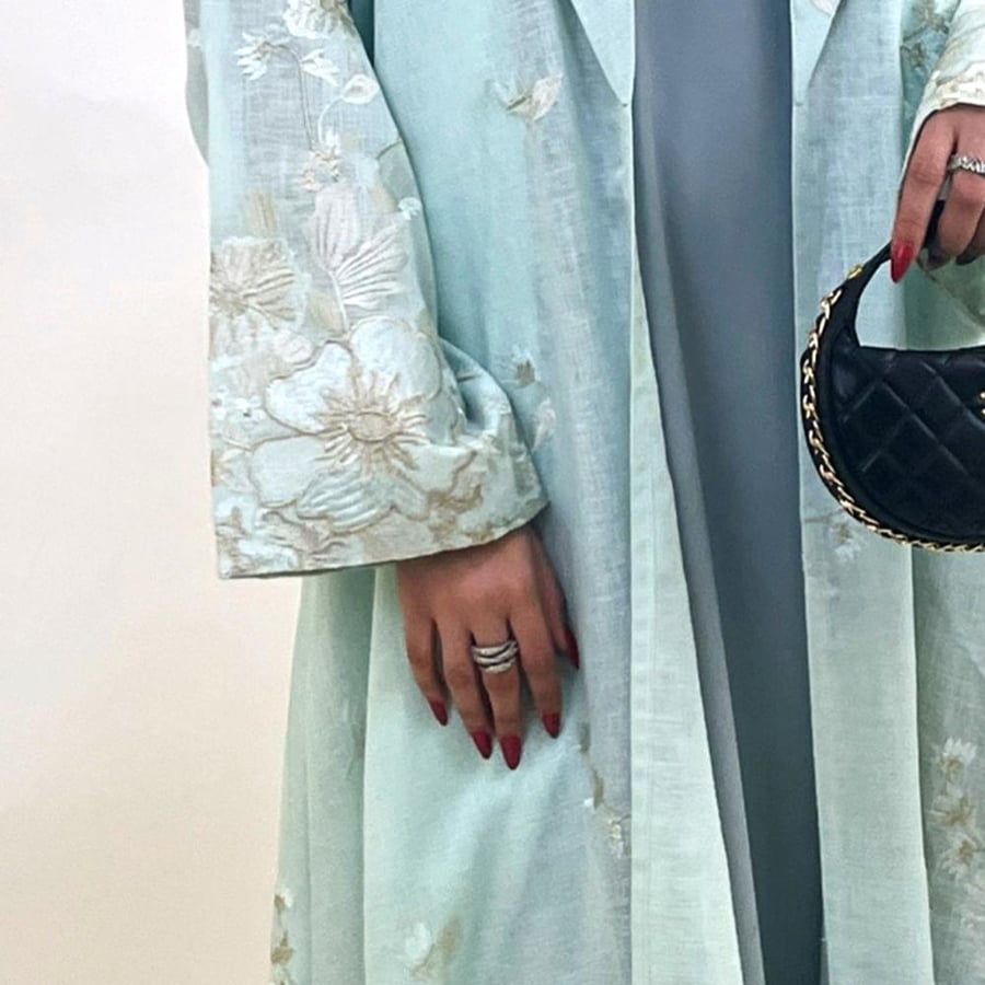 Mouj abaya, turquoise color, Tiffany, embroidered, flared story, with a matching headscarf in the same color