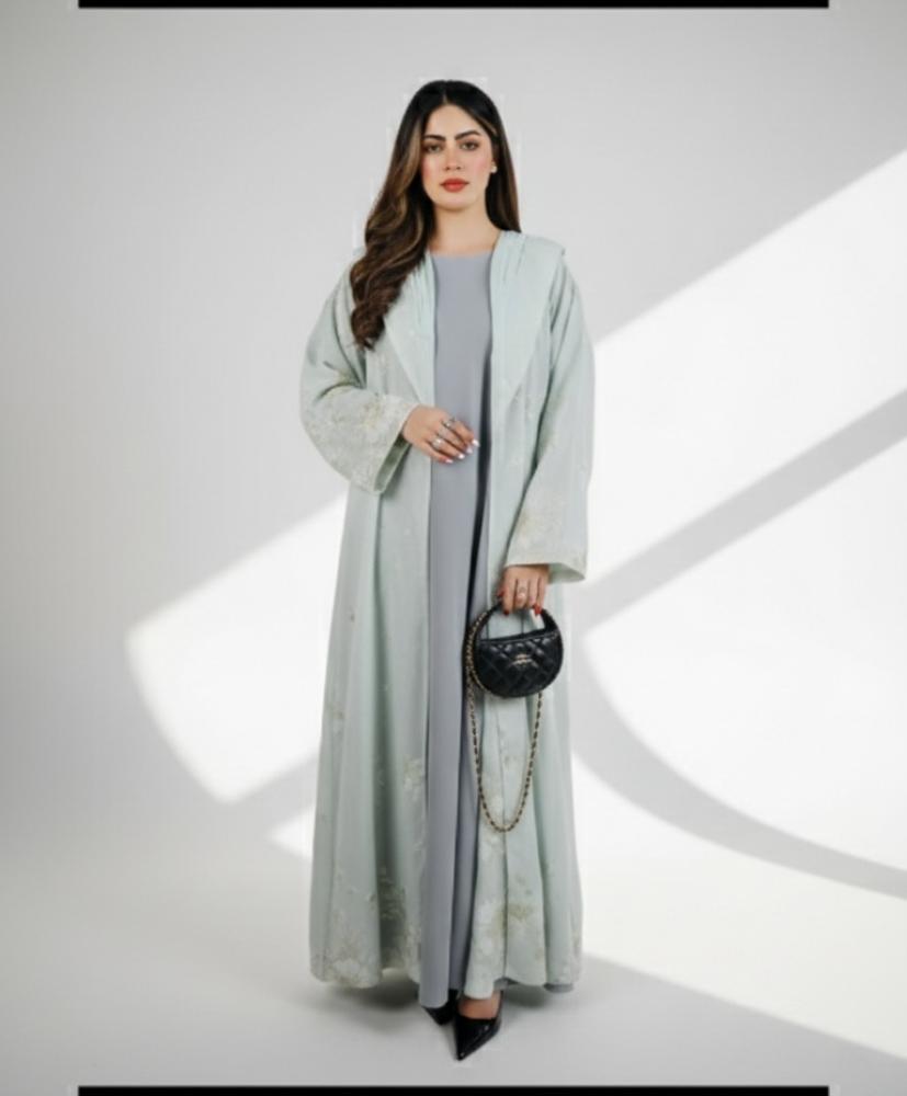 Mouj abaya, turquoise color, Tiffany, embroidered, flared story, with a matching headscarf in the same color