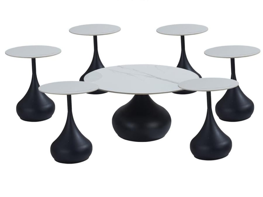 7-piece modern table set with gold steel bases in several colors.