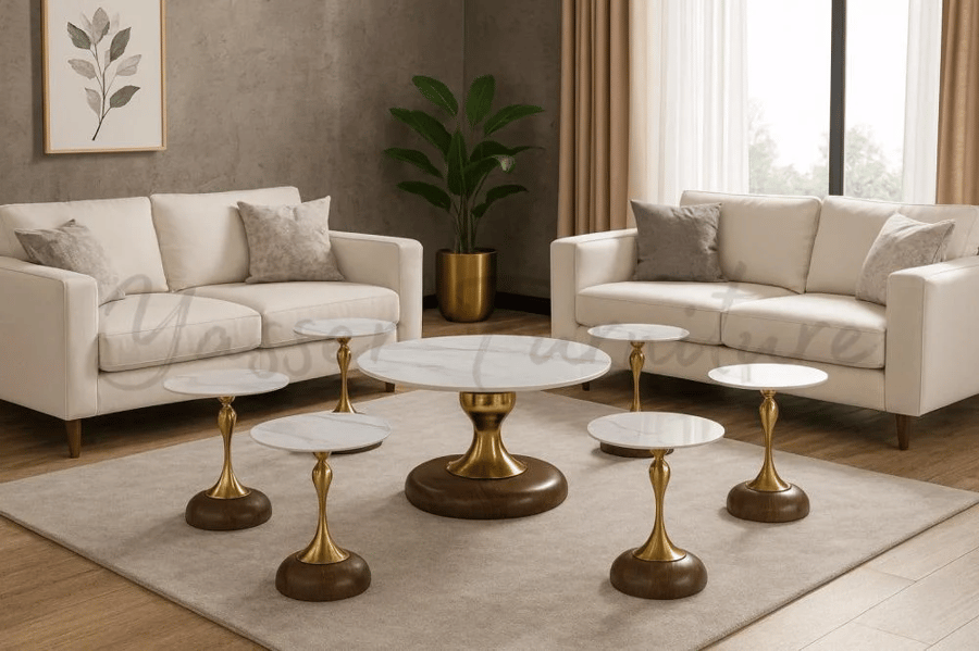 7-piece modern table set with gold steel bases in several colors.