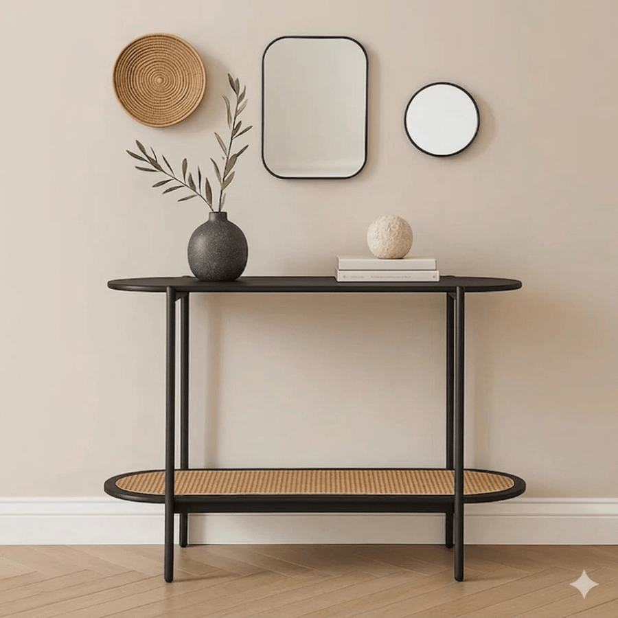 Metal Console Table with 2 Rattan Wood Shelves – Black, 80×120×40 cm