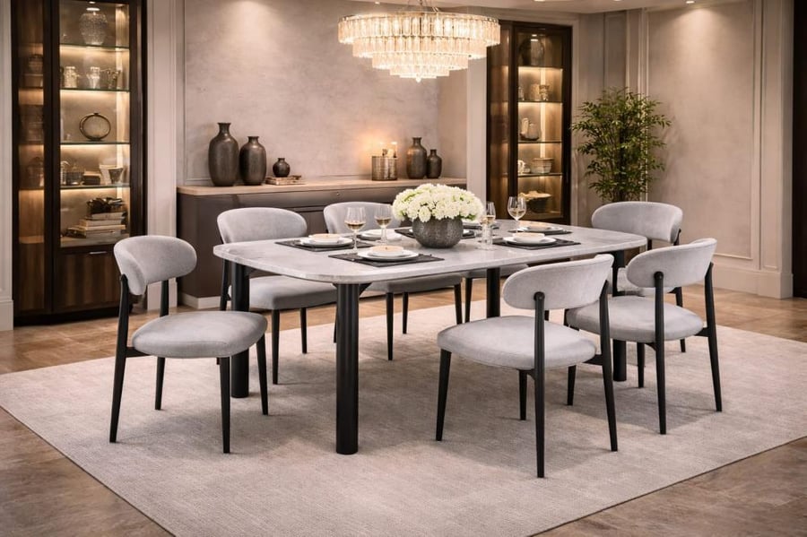 Luxury Marble Dining Table Set with 6 Upholstered Chairs – Elegant Contemporary Design, Available in Multiple Sizes