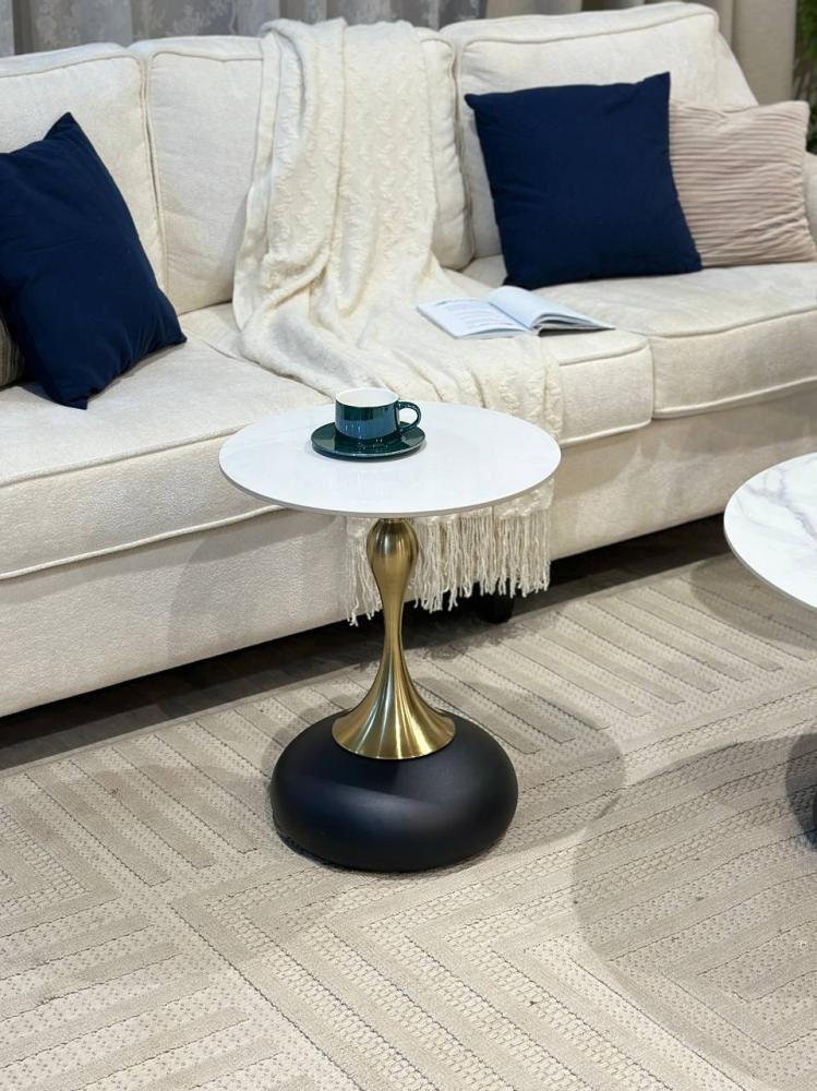 7-piece modern table set with gold steel bases in several colors.