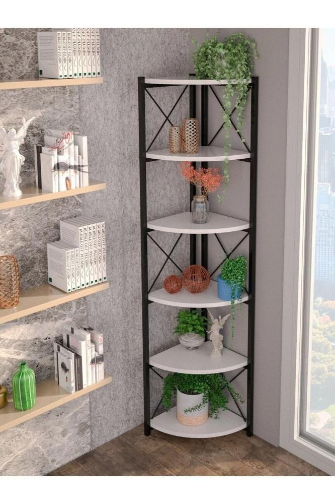 مكتبة زاوية مودرن 5 أرفف - تصميم ركني موفر للمساحة بهيكل معدني أسود