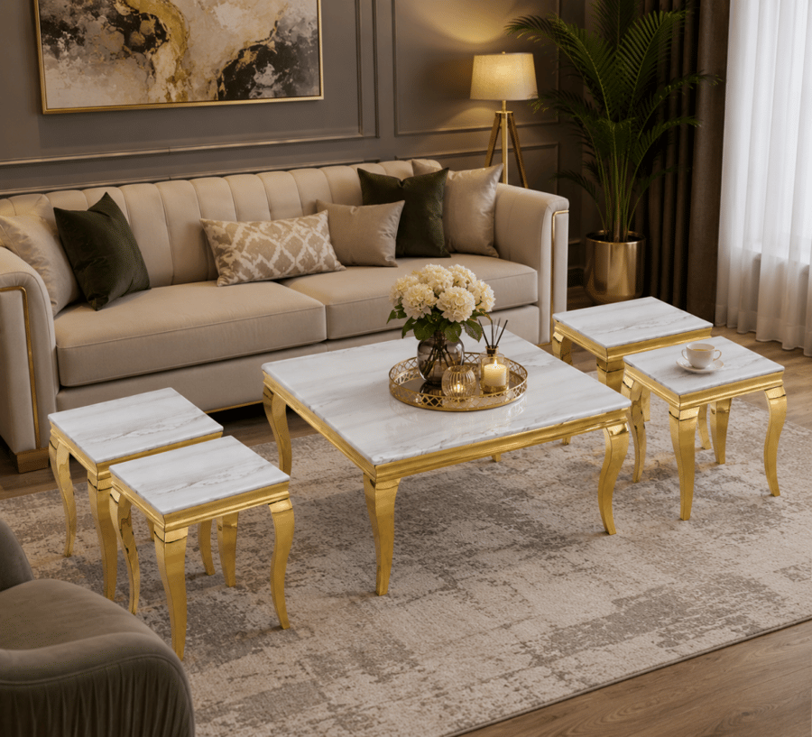Luxury Gold Marble Coffee Table Set 1+4 – Classic Square Design