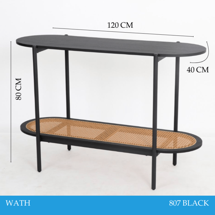Metal Console Table with 2 Rattan Wood Shelves – Black, 80×120×40 cm