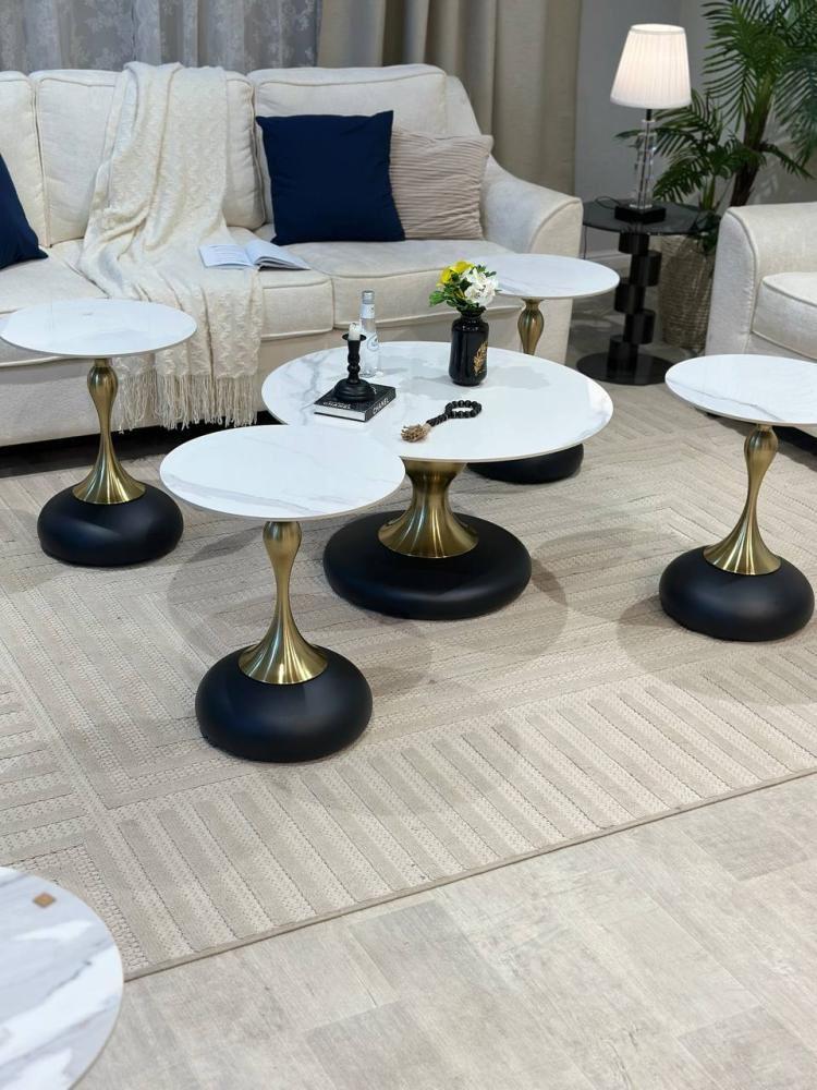 7-piece modern table set with gold steel bases in several colors.