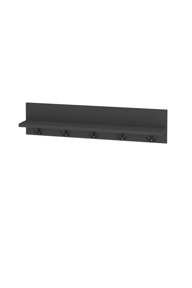 Wooden wall-mounted shelf with metal hooks