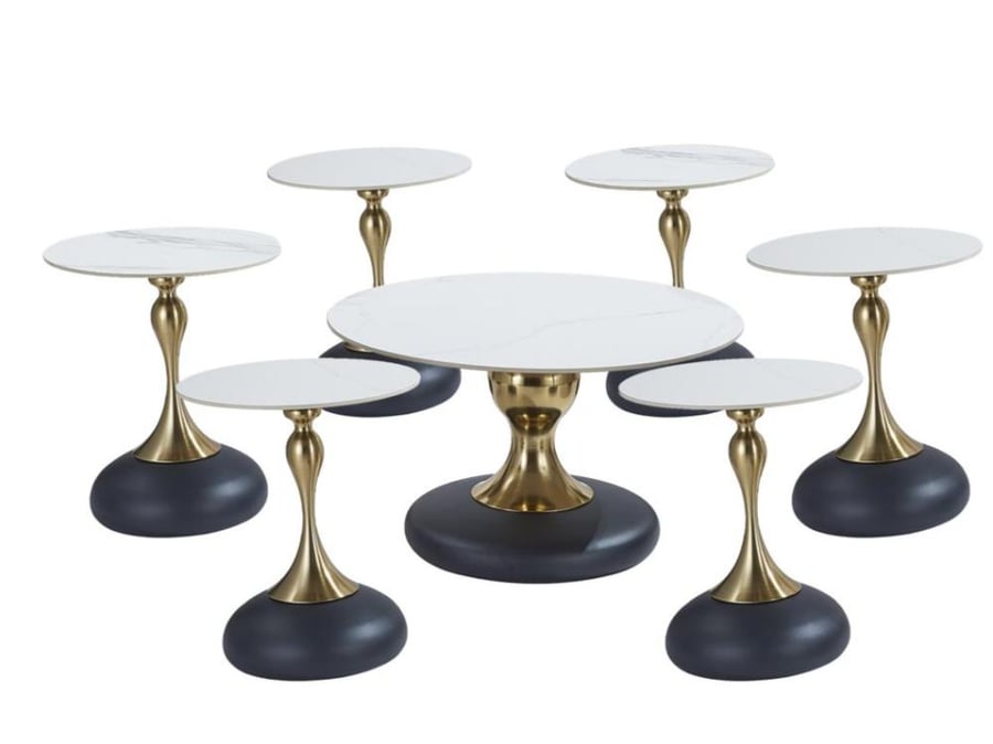 7-piece modern table set with gold steel bases in several colors.