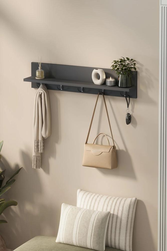 Wooden wall-mounted shelf with metal hooks