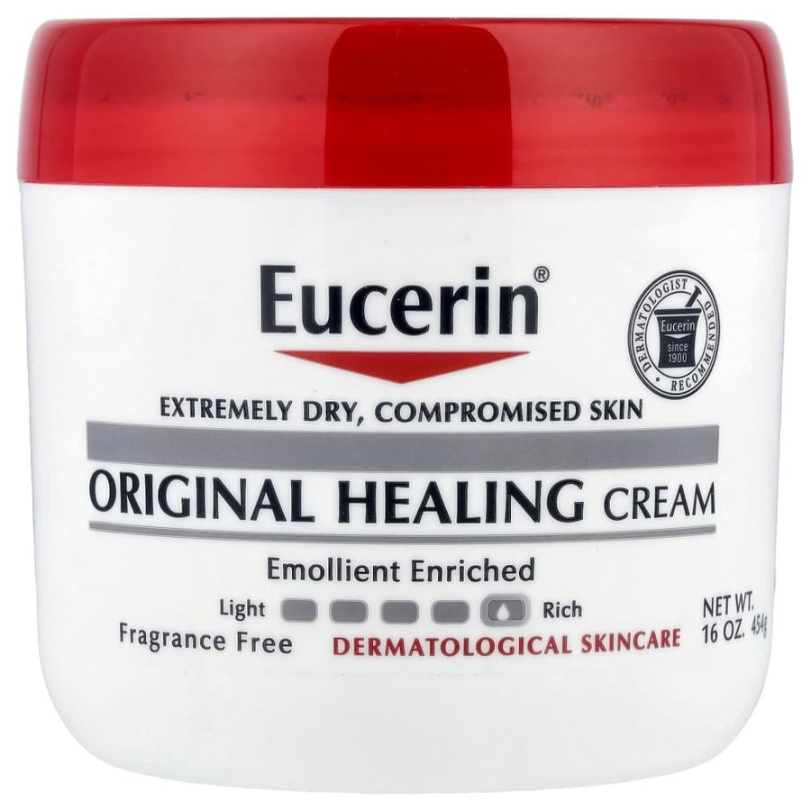 يوسيرين كريم الشفاء الأصلي (Eucerin Original Healing Cream)، وهو مصمم خصيصًا للعناية بالبشرة شديدة الجفاف والمعرضة للمخاطر.