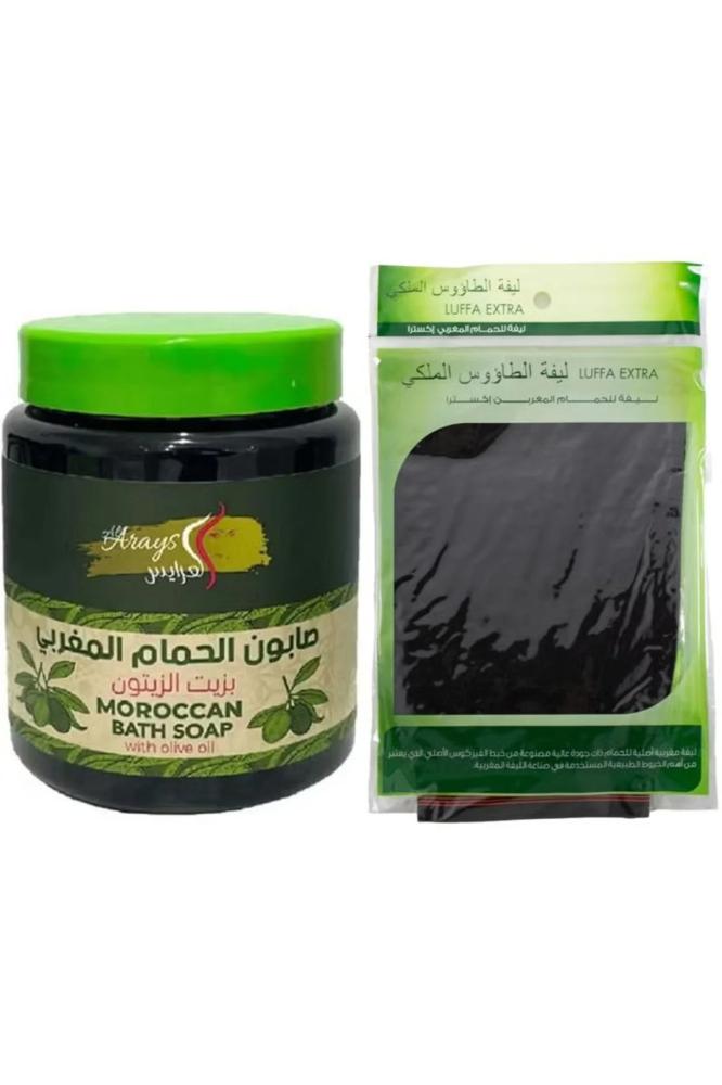 alaraycosmetics صابون حمام مغربي بزيت الزيتون 700 مل مع قفازات حمام الليف المغربي