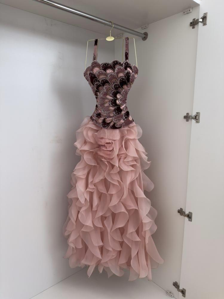 Evening dress with embroidered bodice, beaded decoration, and jazar skirt