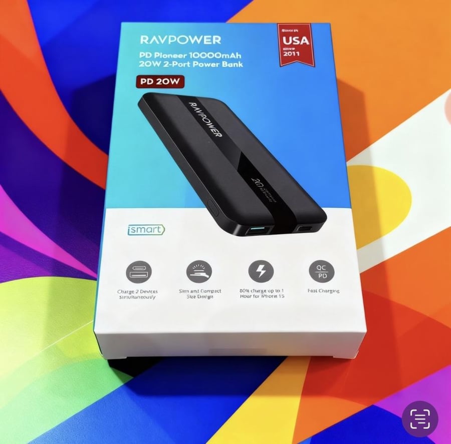 RAVPower battery 10,000 mAh with Type-C port, Micro port, and USB port with 15-watt power