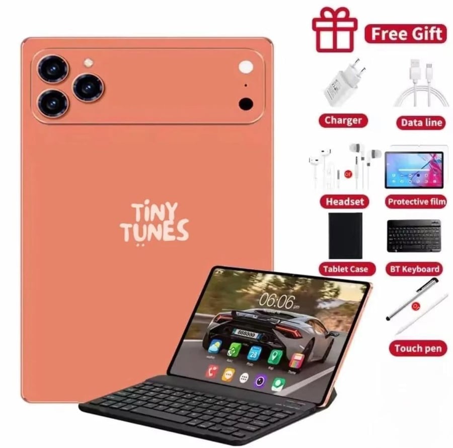 تابلت Tiny Tunes T17 Pro Max بشاشة 10.1 بوصة، يدعم 5G مع ملحقات كاملة (كيبورد وماوس وحافظة)