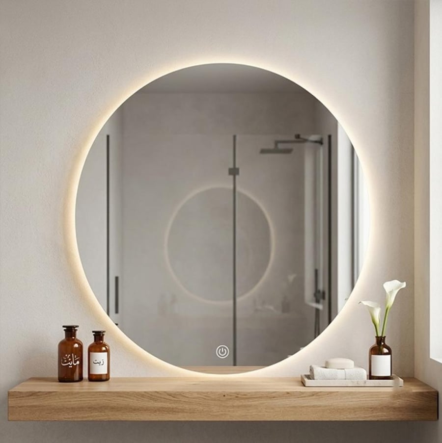 مرايا حائط LED دائرية بإضاءة خلفية ثلاثية الألوان (80×80 سم)