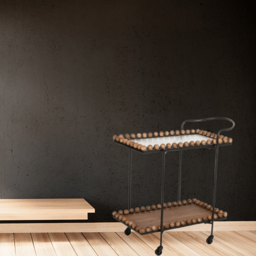 عربة تقديم بوهو مستطيلة - بتصميم خرز خشبي وهيكل أسود
