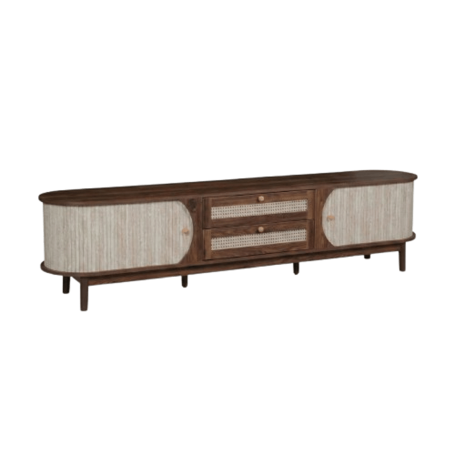 Modern wooden TV table with drawers and bamboo details 180 cm