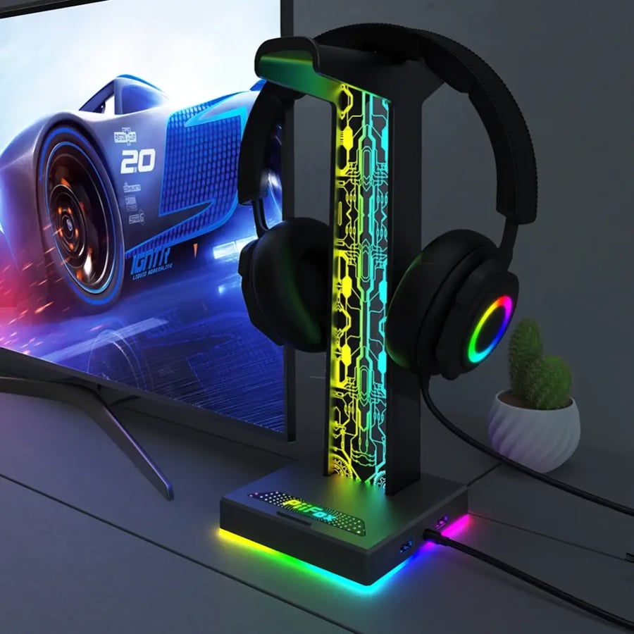 حامل سماعة رأس RGB للألعاب بمنفذي USB وتأثيرات إضاءة وصوت
