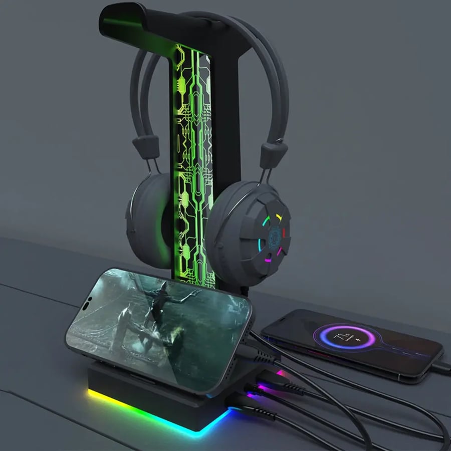 حامل سماعة رأس RGB للألعاب بمنفذي USB وتأثيرات إضاءة وصوت