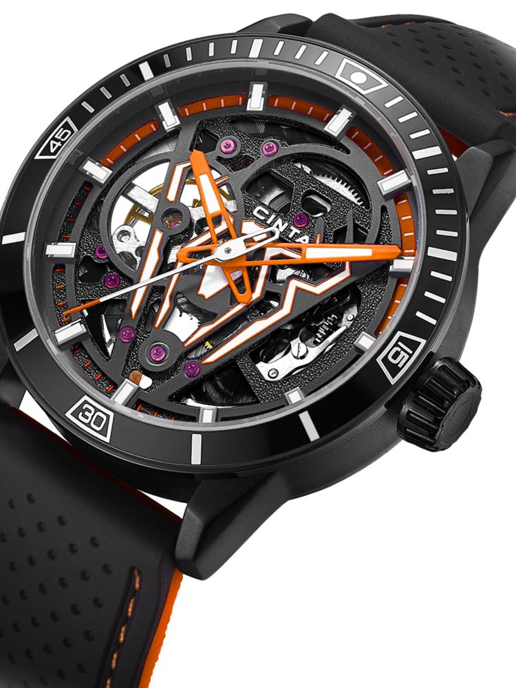 ساعة سينتا Mechanical-X الأوتوماتيكية للرجال بتصميم سايبربانك – اسود وبرتقالي D47