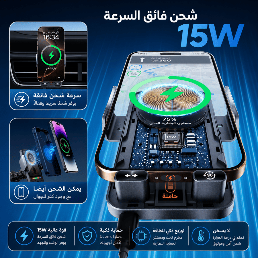 حامل جوال سيارة ذكي بشحن لاسلكي 15W – تثبيت تلقائي وشحن سريع فائق E29
